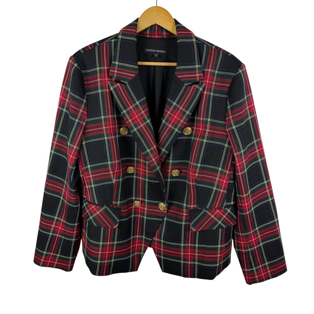 Boston Proper Tartan Plaid Double Breasted‎ Blazer Sz 18 Academia Holiday Preppy